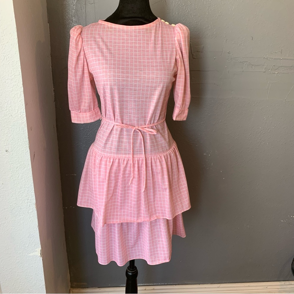 Vintage Pink Windowpane Puff Sleeve Tiered Cottagecore feminine Dress S/M